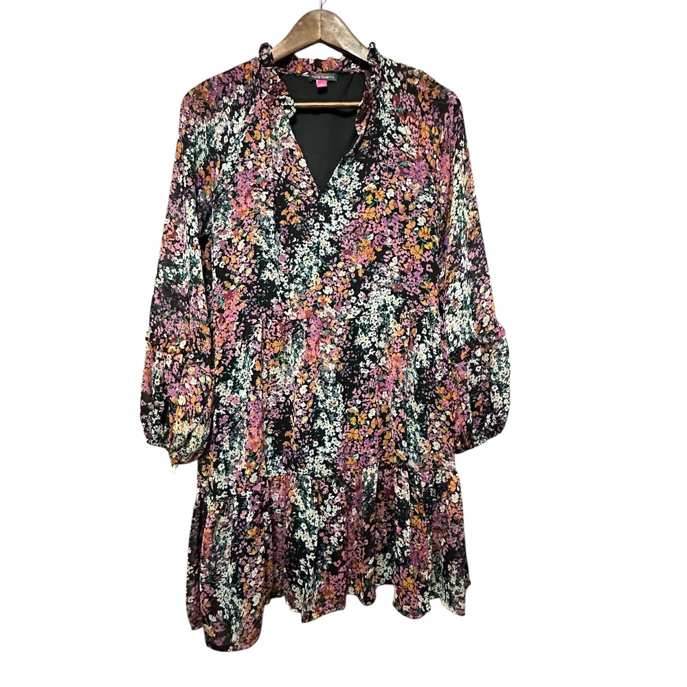 Vince Camuto Floral Print Mini Dress Ruffle Neck‎ Long Sleeve Flowy Black S